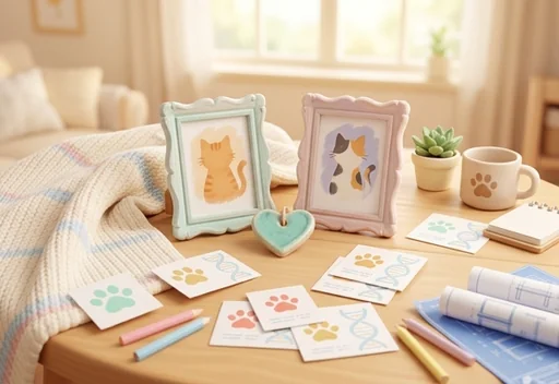 A cozy breeding room with two cat portraits side by side