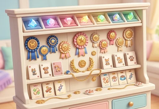 A collection cabinet of trait cards, ribbons, and gems