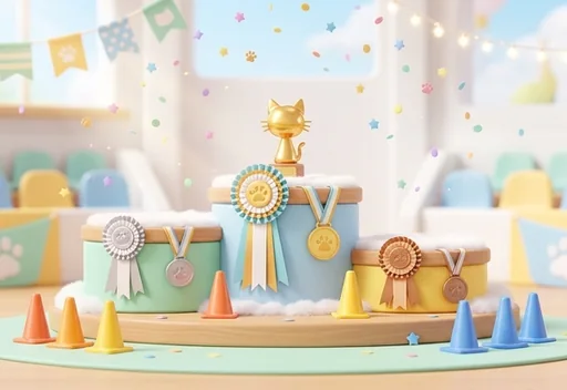 A festive cat competition arena with bunting and a stage