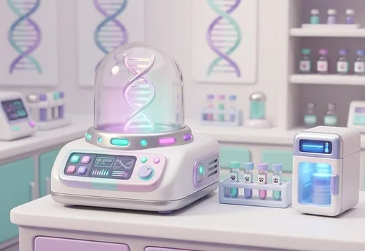 A pastel science lab with a glowing DNA machine
