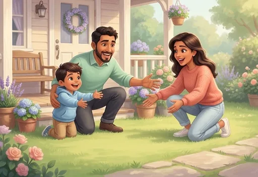 Parents and a young boy excited to meet their new cat