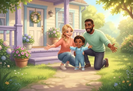 A family with a young child at their door