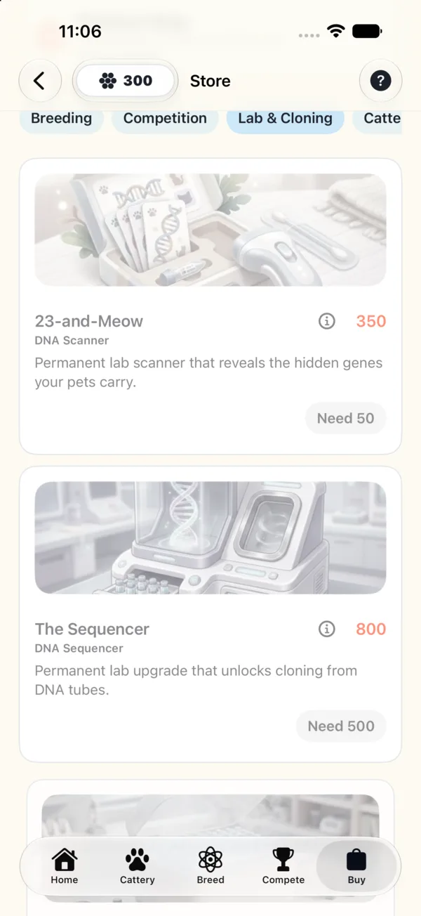 Cat Genome Game store lab tools screen with 23-and-Meow