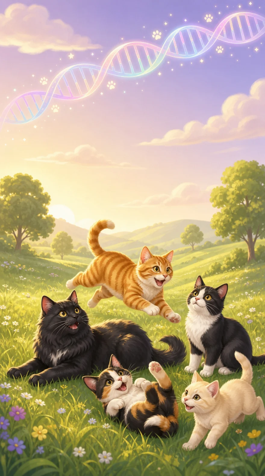 Cat Genome Game launch screen with playful cats and kittens in a sunny field