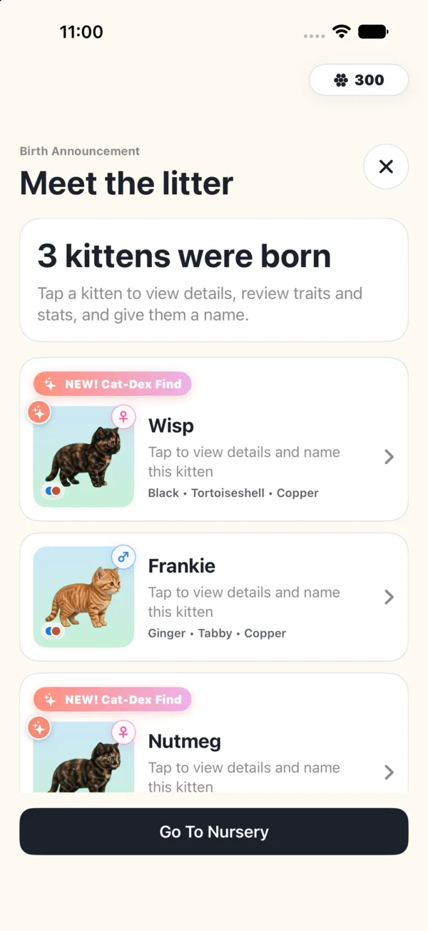 Cat Genome Game litter reveal with three kittens