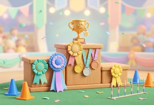 A festive dog competition arena with bunting and a stage