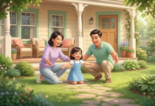 A family with a young girl welcoming a new dog