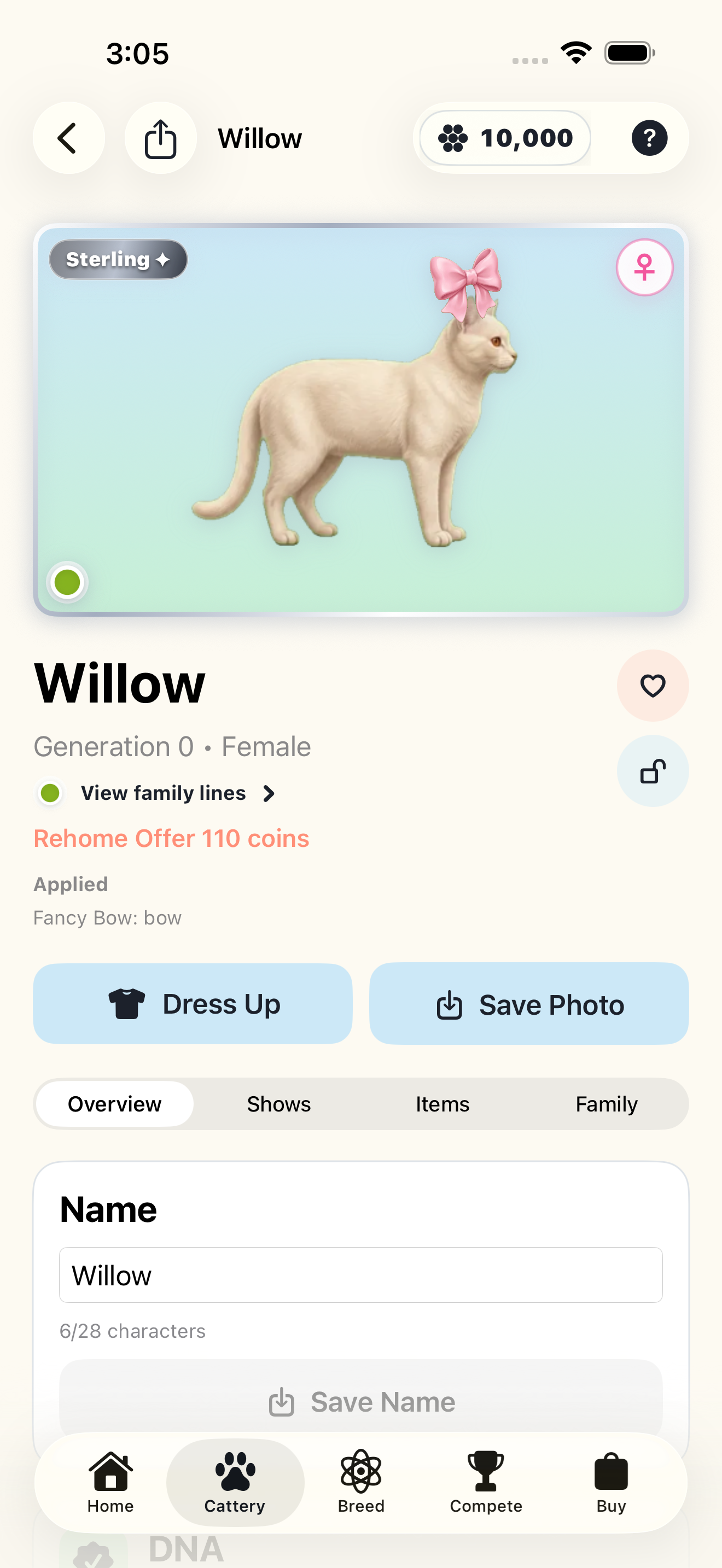 A cat's detail page with traits