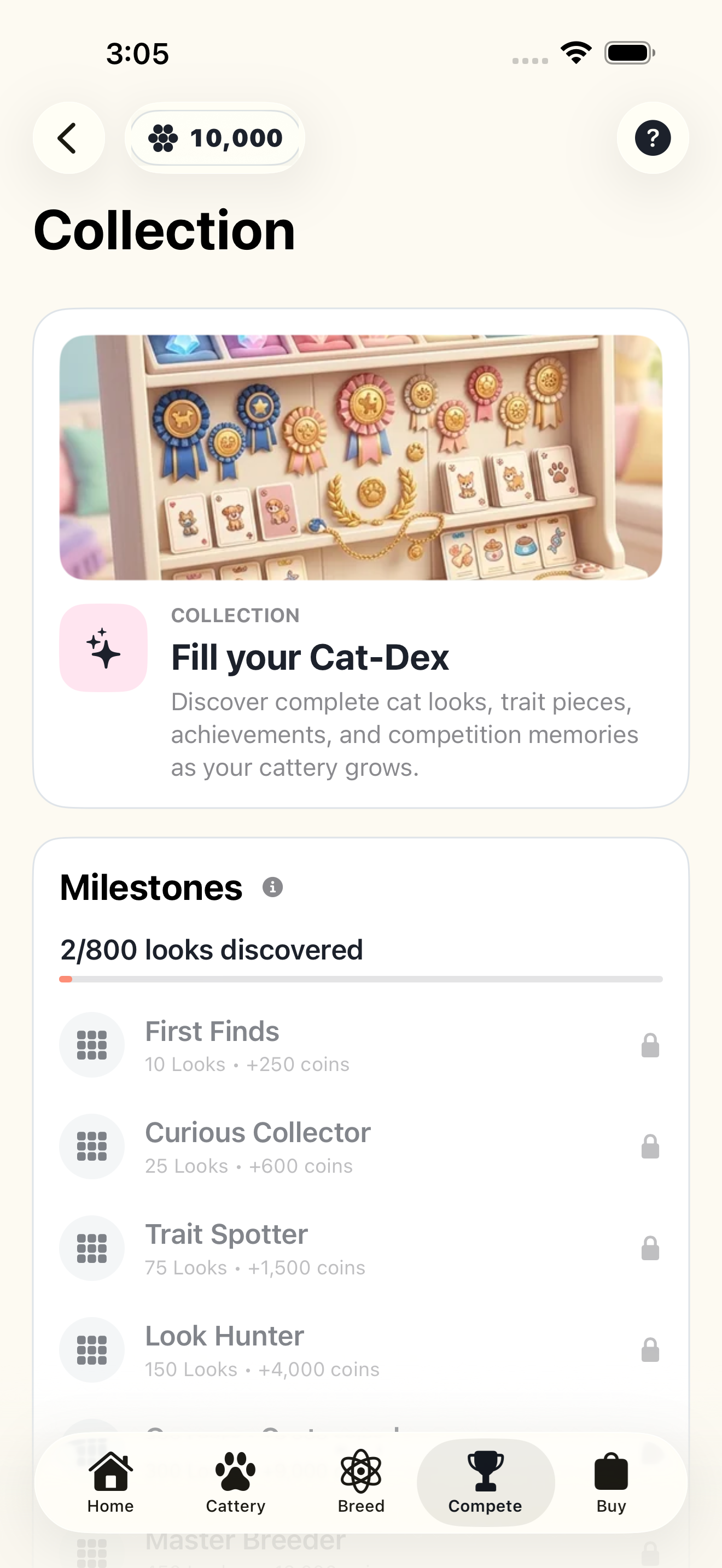 The Cat-Dex collection screen