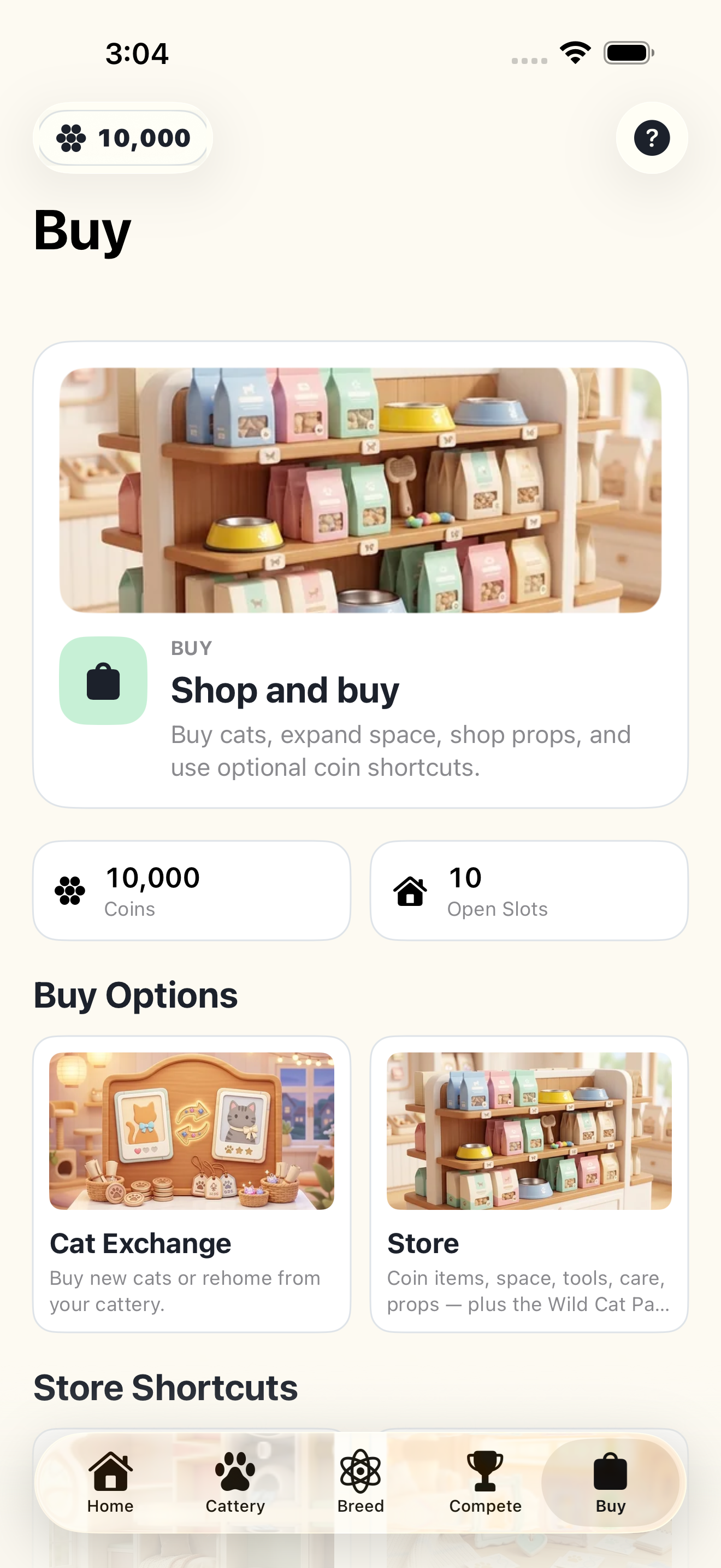 The Buy hub with Cat Exchange and Store options
