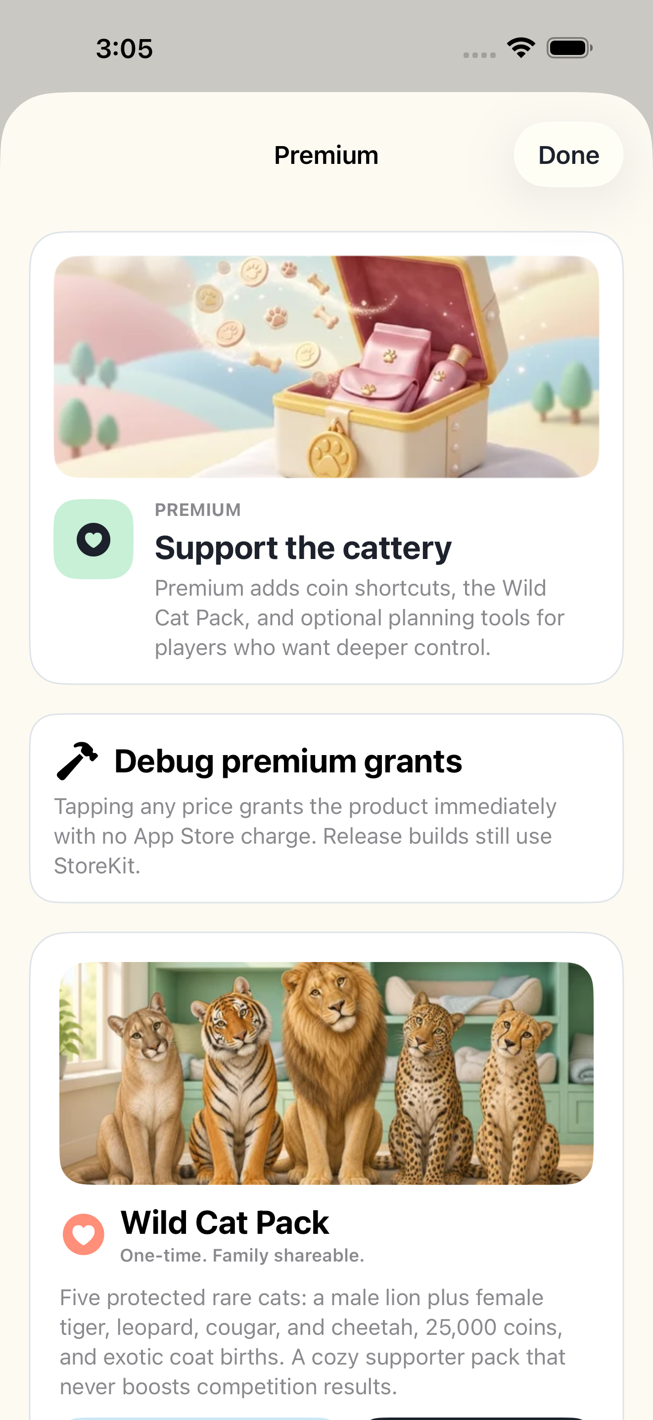 The premium screen with the Wild Cat Pack