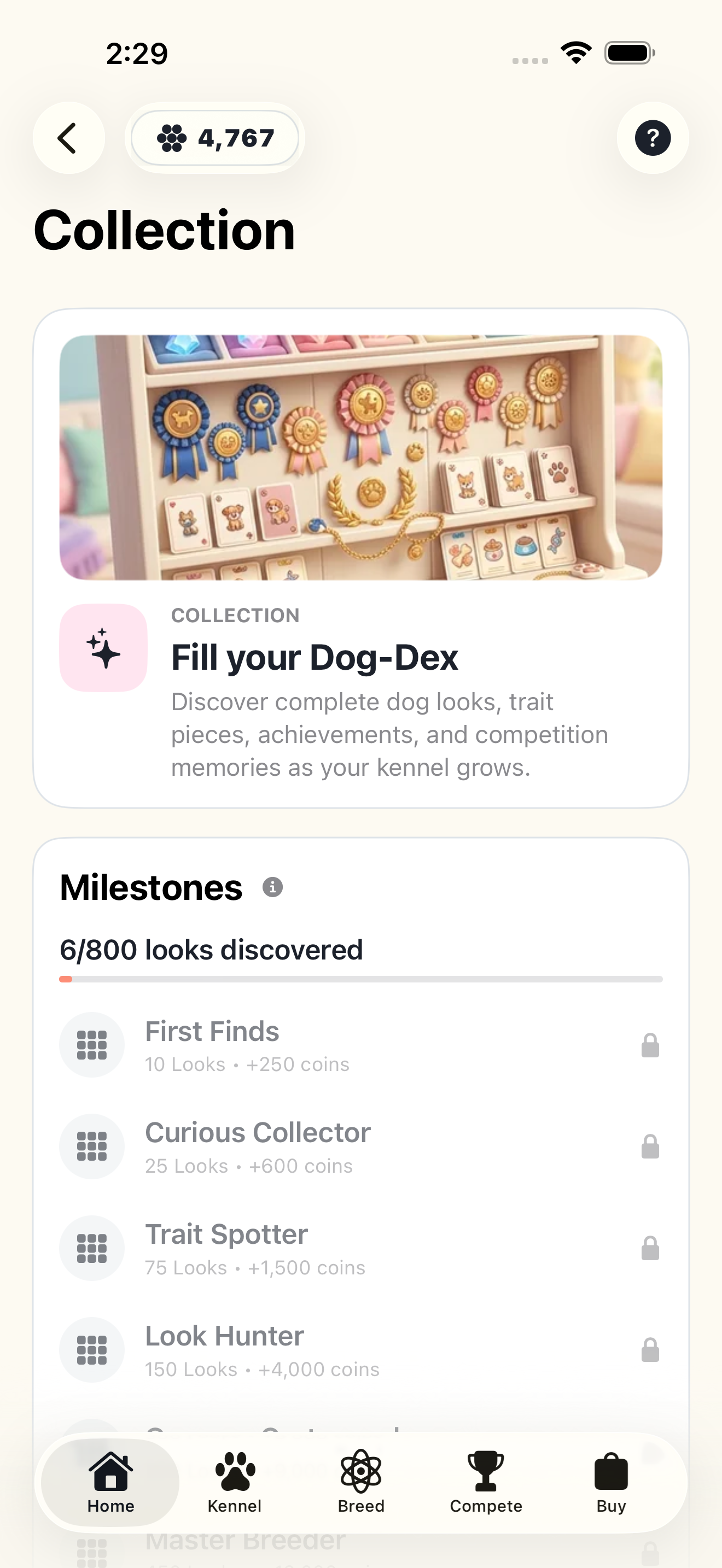 The Dog-Dex collection screen