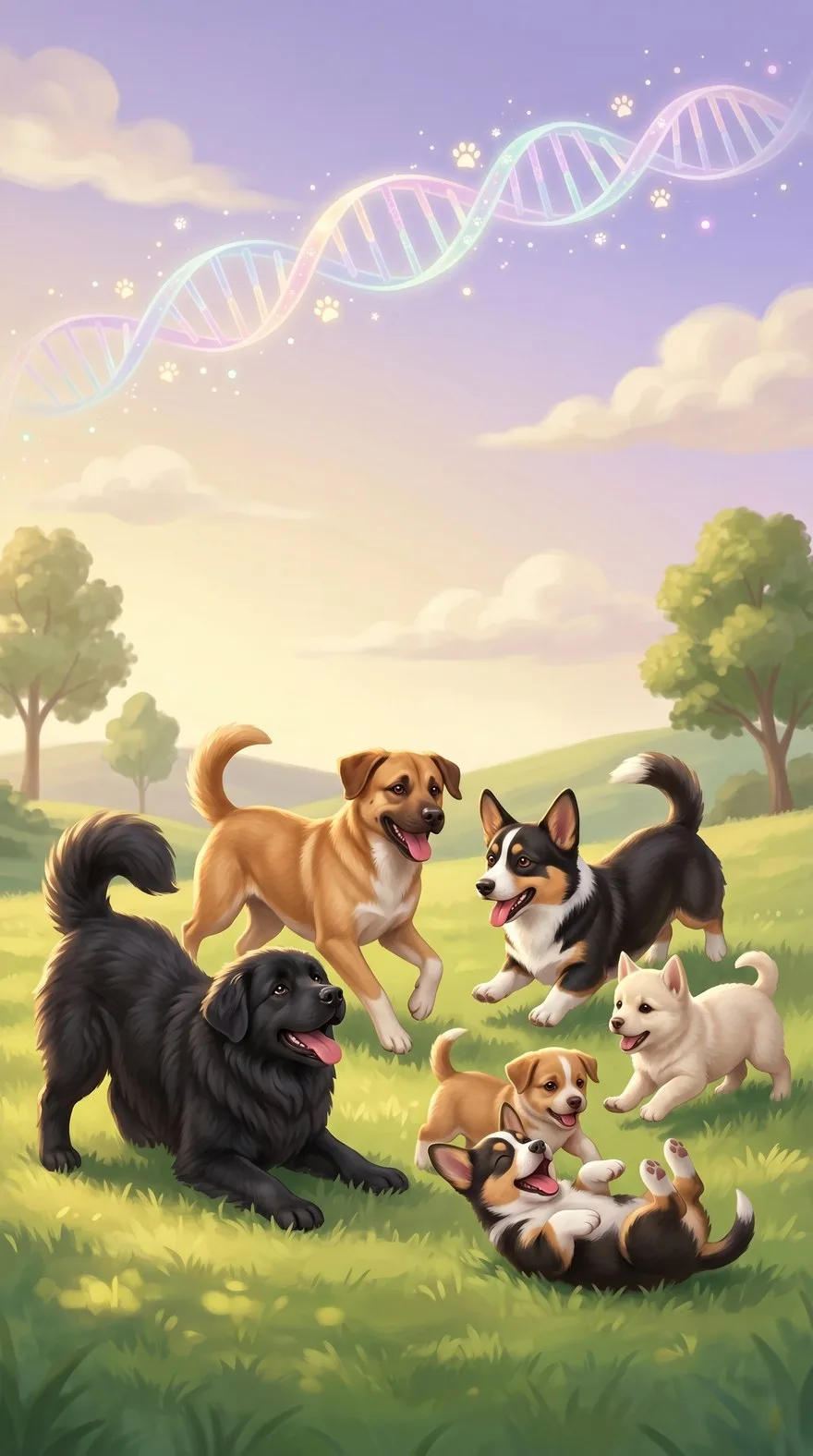 A pack of playful dogs and puppies on a sunny lawn beneath a sparkling DNA helix